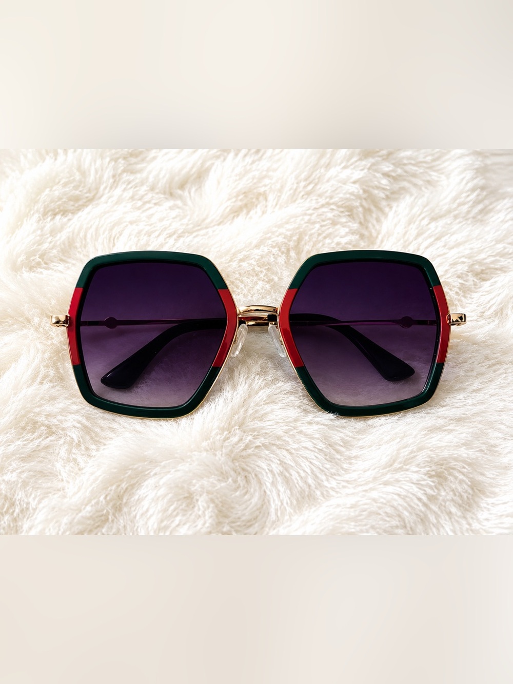 Fashion Oversized Square Sunglasses with Green and Red Accents